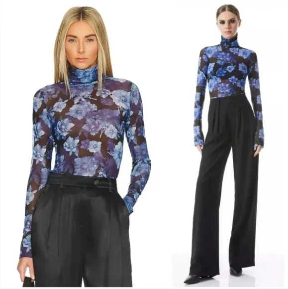 Alice + Olivia DELAINA LONG SLEEVE TURTLENECK MESH TOP SIZE XL - Picture 1 of 16